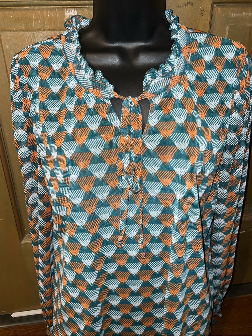 Geometric Teal Retro Blouse 70’s Ruffle Puff Balloon Sleeve Orange Boho Size L - Picture 5 of 12